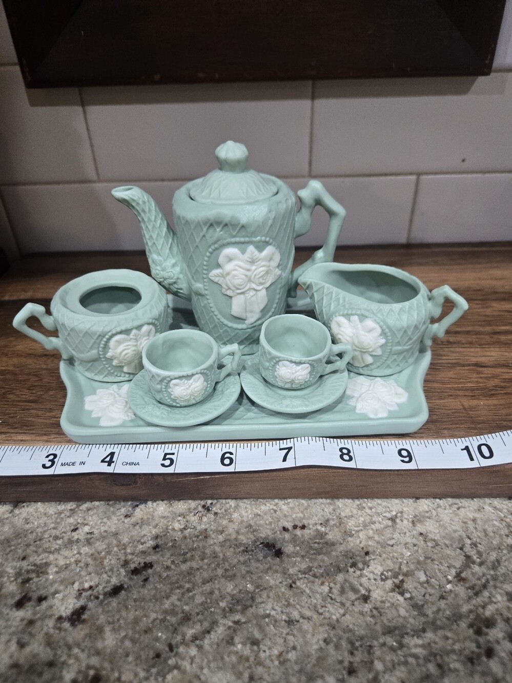 Mint Green Ceramic Tea Set with Floral Relief
